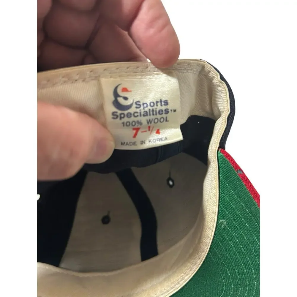 Vtg Atlanta Braves Sports Specialties Hat Blue Script Logo Fitted 7 1/4 Distress